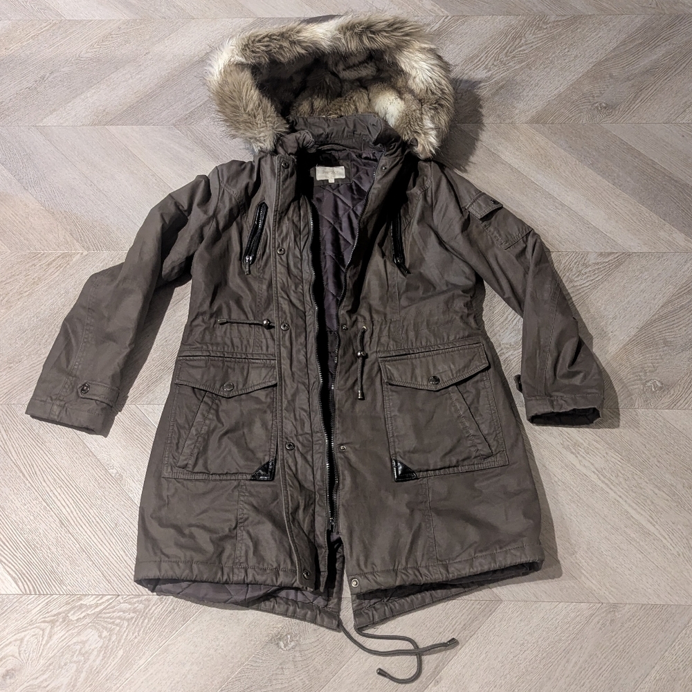 Laundry by Shelli Segal Women's Coat Large Olive Green Removable Faux Fur Hood
